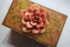 Wooden Keepsake Box Hand Embellished Top w/ Resin Lotus Handle  8"X5"X4"