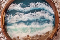14" Acacia Wood & Ocean Inspired Resin Pour Tray Real sand & shells Heat Resistant