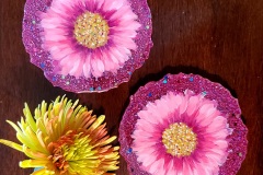 Set of 2 Hot Pint Gerbera Daisies Resin Coasters with Glitter Back