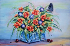 Pansies with Cherries 20"X16" Acrylic Canvas