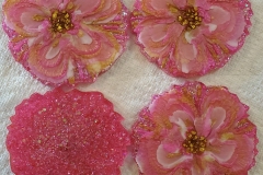 Set of 4 3D Pink & Gold Floral Resin 5" Geode Shaped Coasters with Glitter on Reverse Heat Resistant