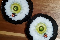 Set of 2 White Gerbera Daisy & Lady bug Coasters Black Glitter