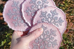 Set of 4 Resin Coasters Heat Resistant & Reversible Snowflake Pink & Silver