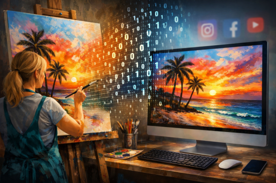 Image of artist painting turning into computer presentation